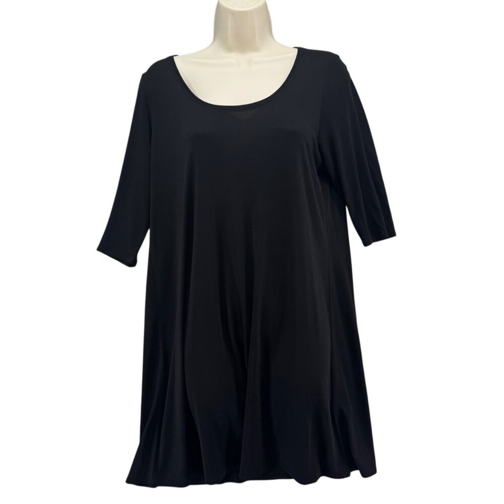 Eileen Fisher Silk Shirt Dress Womens Solid Black Half Sleeve Pullover Size L